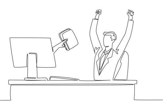 Single continuous line drawing hands out of the monitor screen while holding a thick book. Instant learning in the digital age. Smart working. Things from Screen. One line illustration vector