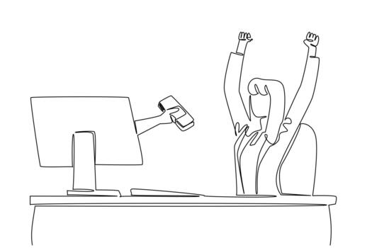Continuous one line drawing hands out of the monitor screen while holding a stack of banknotes. Happy. Enthusiastic. Monthly bonus. Things from Screen. Single line draw illustration vector