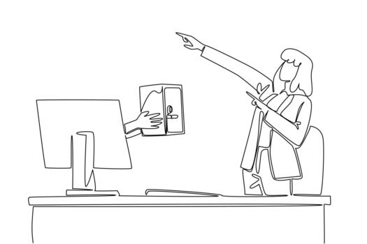 Single one line drawing hands out of the monitor screen while holding a safe deposit box. The safest place to store all the successes. Things from Screen. Continuous line design illustration vector