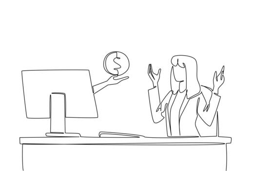 Continuous one line drawing hands out of monitor screen while holds penny. Ease of doing business while making profitable investments. Things from Screen. Single line draw illustration vector