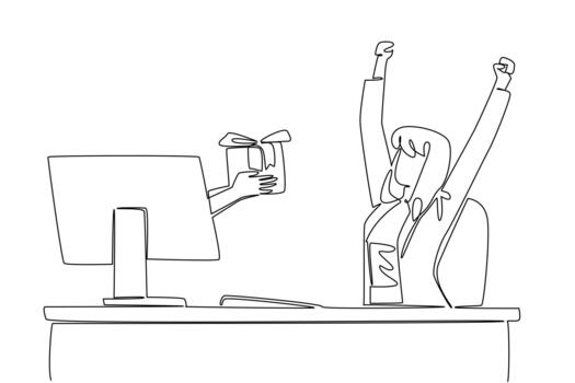 Single continuous line drawing hands out of the monitor screen while holding a gift box. Expressions of gratitude from online relations. Happy. Things from Screen. One line illustration vector