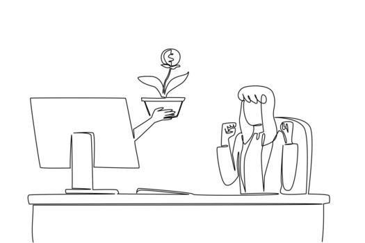 continuo uno línea dibujo manos fuera de monitor pantalla mientras sostiene dinero árbol con dólar moneda fruta. simbolismo de creciente inversión. cosas desde pantalla. soltero línea dibujar ilustración vector
