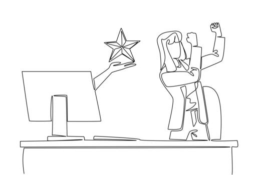 Single continuous line drawing hands out of the monitor screen while holding a star shape. Public satisfaction is the joy of the expert. Rating. Things from Screen. One line design vector