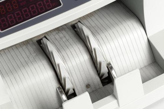 Detailed view of currency counting machine in action with currency notes being processed photo