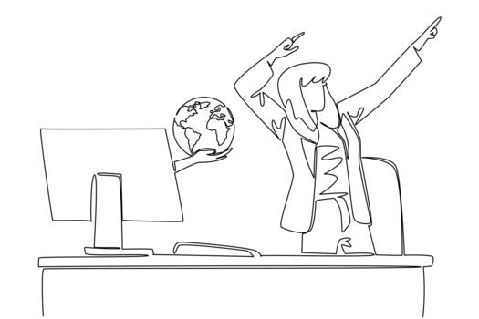 Single continuous line drawing hands out of monitor screen while holding globe. Rejoice in the new business network that is being established. Things from Screen. One line illustration vector