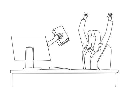 Single one line drawing hands out of monitor screen while holding thick book. Very excited about the book orders coming in. Guidebook. Things from Screen. Continuous line design illustration vector