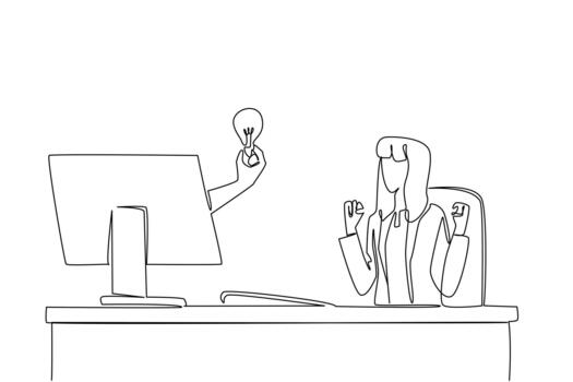 Single continuous line drawing hands out of the monitor screen while holding a bulb lamp. The joy of a brilliant idea. Solutions for business. Things from Screen. One line illustration vector