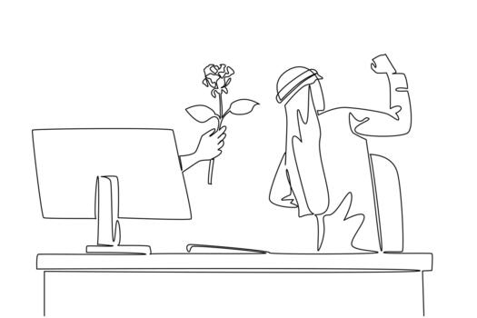 Single one line drawing hands out of the monitor screen while holding a rose flower. Happy to get the expected symbol of love. Romance. Things from Screen. Continuous line design illustration vector
