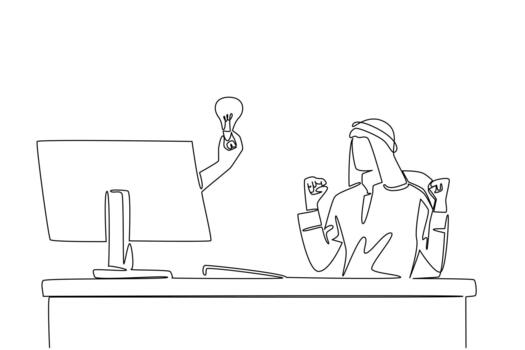 Single one line drawing hands out of monitor screen while holds bulb lamp. Get solutions when busy. Enlightenment. The future is better. Things from Screen. Continuous line design illustration vector