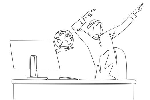 Continuous one line drawing hands out of the monitor screen while holding a globe. Connect with big clients. Business progress. Network. Things from Screen. Single line draw illustration vector