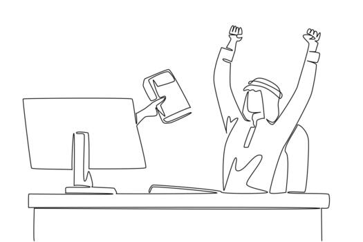 Single continuous line drawing hands out of the monitor screen while holding a thick book. Literacy. A great guide to dealing with the crisis. Things from Screen. One line design vector