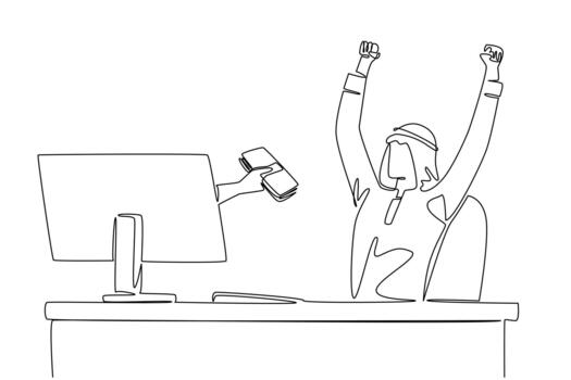 Continuous one line drawing hands coming out of monitor screen holding a stack of banknotes. Receive bonus for outstanding performance. Things from Screen. Single line draw illustration vector