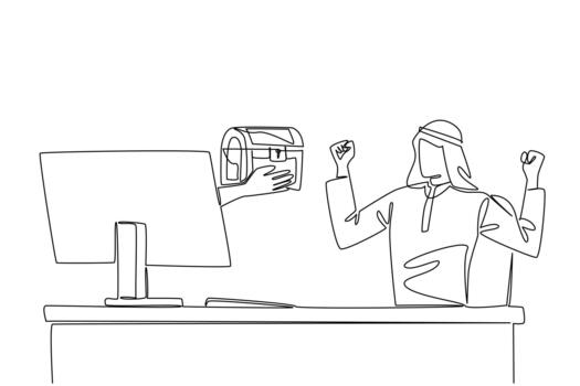 Continuous one line drawing hands out of monitor screen holding a treasure chest. Luxury in ancient times. Satisfaction and excitement. Things from Screen. Single line draw illustration vector