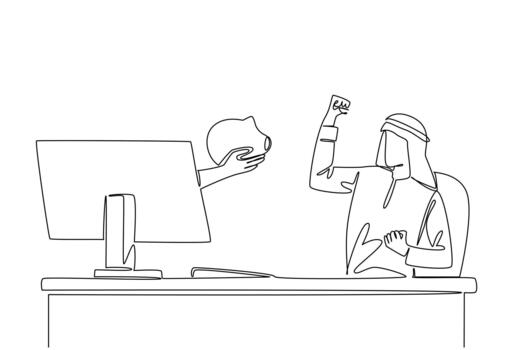Single continuous line drawing hands out of the monitor screen while holding piggy bank. Prepare a budget to increase investment value. Savings. Things from Screen. One line design vector