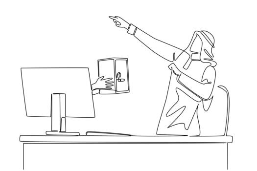 Single continuous line drawing hands out of the monitor screen while holding a safe deposit box. Happiness to secure data. Safe. Anti theft. Things from Screen. One line illustration vector