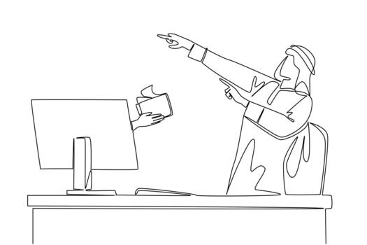 Continuous one line drawing hands out of monitor screen while holding a wallet with some money coming out. Investing to develop business.Things from Screen. Single line draw illustration vector