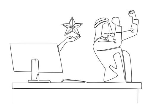 Single one line drawing hands out of the monitor screen while holding a star shape. Real joy at such a good support. Best rating. Rank. Things from Screen. Continuous line design illustration vector