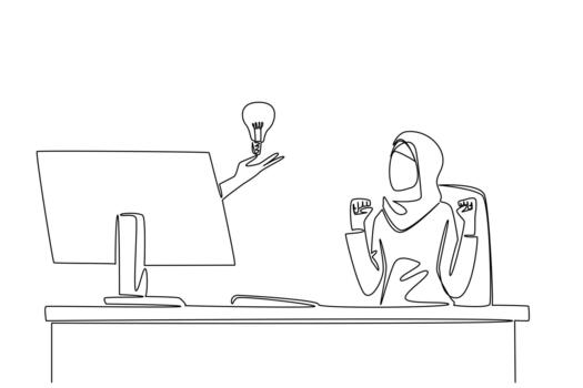 Single one line drawing hands out of the monitor screen while holding a bulb lamp. Inspiration comes suddenly. Exhilarating. Cheering. Things from Screen. Continuous line design illustration vector