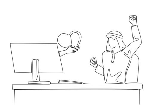Single continuous line drawing hands out of the monitor screen while holding a love. Joy of heart with love. Warm support full of love. Caring. Things from Screen. One line design vector