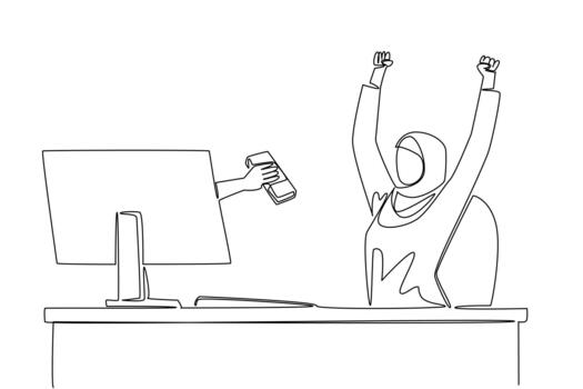 Single one line drawing hands out of the monitor screen while holding a stack of banknotes. Fast return on investment. Focus on profit. Things from Screen. Continuous line design illustration vector