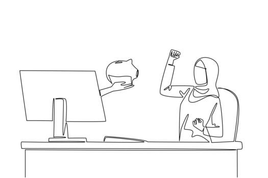 Single continuous line drawing hands out of the monitor screen while holding a piggy bank. Get additional capital for business expansion. Happy. Things from Screen. One line design vector