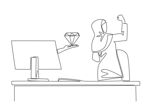 Single one line drawing hands out of the monitor screen while holding a diamond. A luxurious surprise resulting from hard work. Happy. Things from Screen. Continuous line design illustration vector