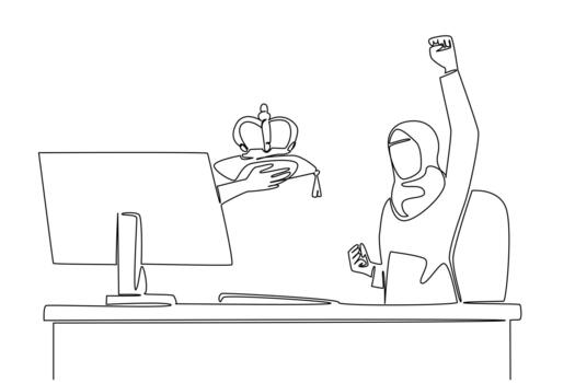 Continuous one line drawing hands out of the monitor screen while holding a crown. Sole successor to the position of the company. Owner. Things from Screen. Single line draw illustration vector