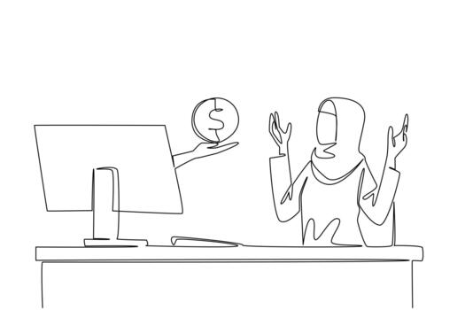 Single continuous line drawing hands out of the monitor screen while holding a penny. Little capital to be made maximum profit. Symbolization. Things from Screen. One line design vector