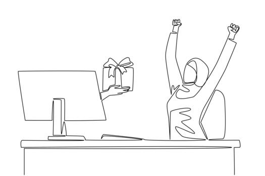 Single one line drawing hands out of the monitor screen while holding a gift box. The feeling of enthusiasm for receiving a surprise. Things from Screen. Continuous line design illustration vector