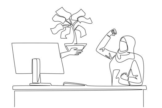 Single continuous line drawing hands out of the monitor screen while holding money tree with leaves made of banknotes. Investment. Profit. Fun. Things from Screen. One line design vector