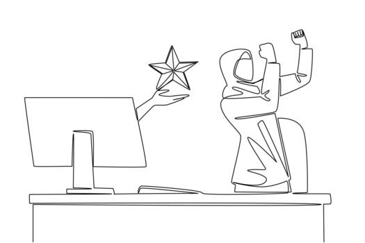 Single one line drawing hands out of monitor screen while holding a star shape. Best rating is a good thing. The first step to success. Things from Screen. Continuous line design illustration vector