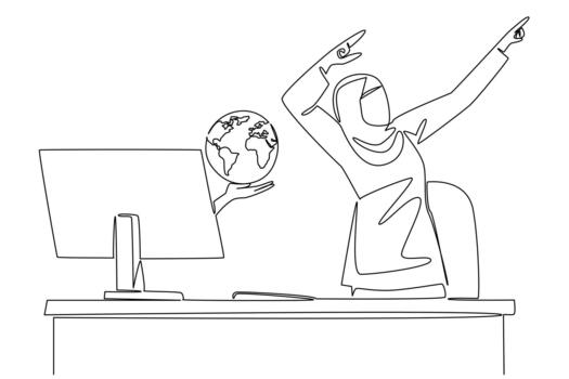 Continuous one line drawing hands out of the monitor screen while holding a globe. Get a bigger business network. Celebrating success. Things from Screen. Single line draw illustration vector