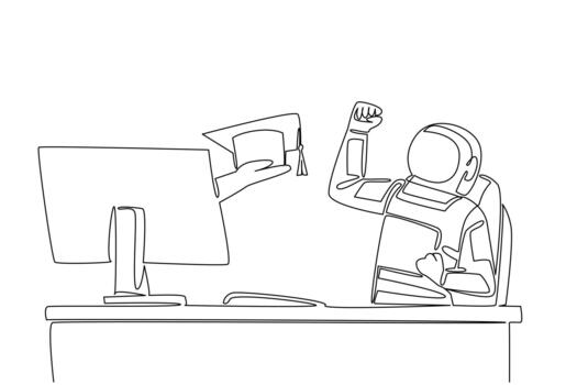 Single continuous line drawing hand of astronaut out of monitor screen while holding graduation cap. Smart astronaut. Science is the main thing. Things from Screen. One line design vector