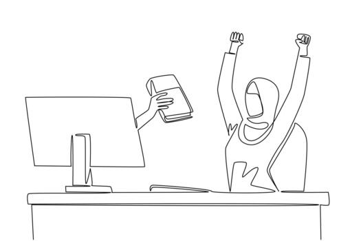 Single one line drawing hands out of the monitor screen while holding a thick book. Career journey book. Success in building a business. Things from Screen. Continuous line design illustration vector