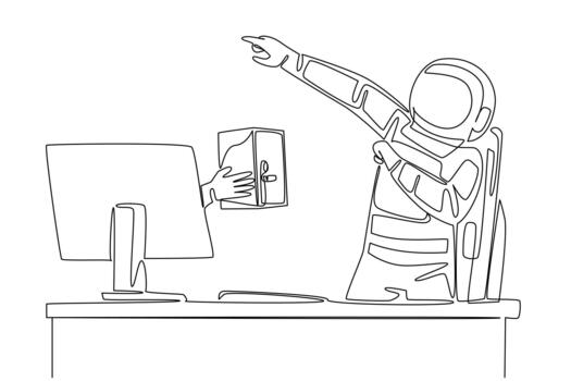 Continuous one line drawing hand of astronaut out of monitor screen while holding a safe deposit box. Confidentiality of the expedition. Things from Screen. Single line draw illustration vector
