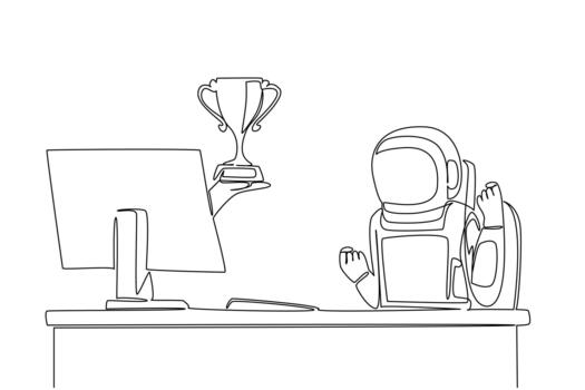 Single one line drawing hand of astronaut out of monitor screen while holding a trophy. Recognition of expedition achievements. Happy. Things from Screen. Continuous line design illustration vector
