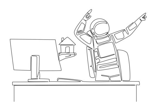 continuo uno línea dibujo mano de astronauta fuera de monitor pantalla mientras participación un miniatura casa. el alegría de el expedición es encima. cosas desde pantalla. soltero línea dibujar ilustración vector