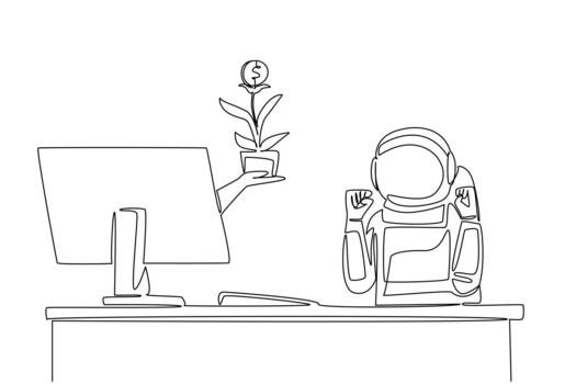 Single continuous line drawing hand of astronaut out of monitor screen while holds money tree with dollar coin fruit. Astronauts and investment. Things from Screen. One line illustration vector