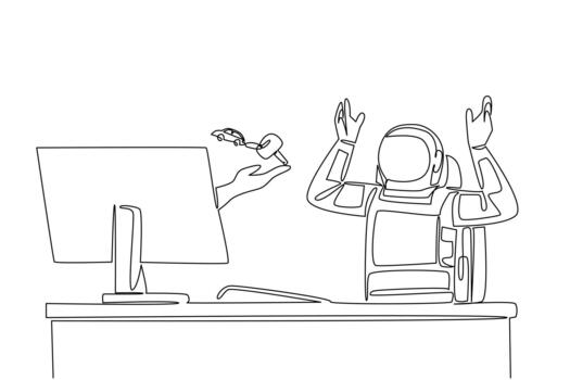 Single continuous line drawing hand of astronaut out of the monitor screen while holding a car key with a car shaped keychain. Additional bonus. Things from Screen. One line illustration vector