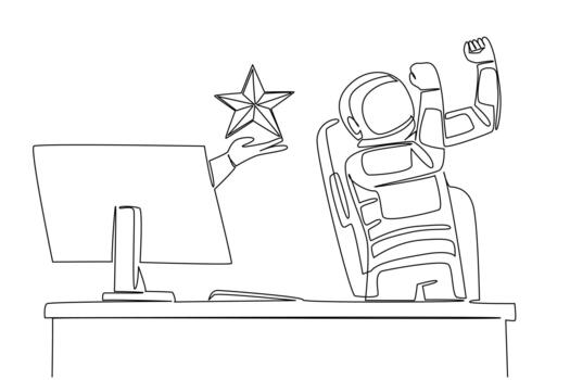 Continuous one line drawing hand of astronaut out of monitor screen while holding a star shape. Astronauts who shine like stars. Rate. Things from Screen. Single line draw illustration vector