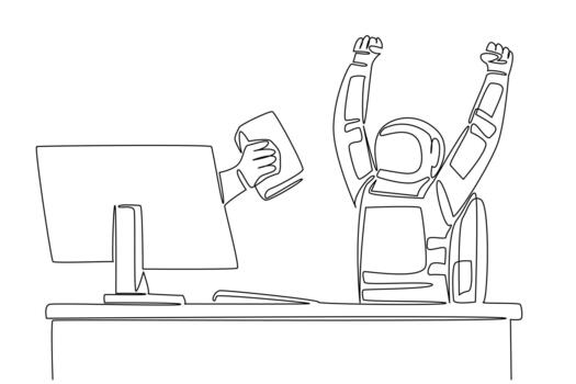 Single one line drawing hand of astronaut out of monitor screen while holding a thick book. Adventure book. Survival in space. Bookworm. Things from Screen. Continuous line design illustration vector