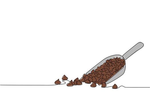 Single continuous line drawing choco chips are on top of the scoop and there are also some scattered around. Finished making. Fresh. National Chocolate Chip Day. One line design illustration vector