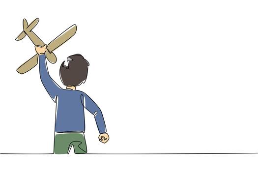 Single one line drawing rear view, boy running while holding toy airplane raised up. The fun of a holiday with new toys. Flight. International Day of Boys. Continuous line design graphic illustration vector