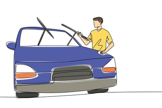 Single continuous line drawing a man holds a car wiper with both hands. Checking everything important to keep it working. Service. National Check Your Wipers Day. One line design illustration vector