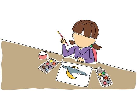 Single one line drawing a girl looking up while drawing and holding colorful paints and watercolor palette. First ideas about the environment. Drawing Day. Continuous line design graphic illustration vector