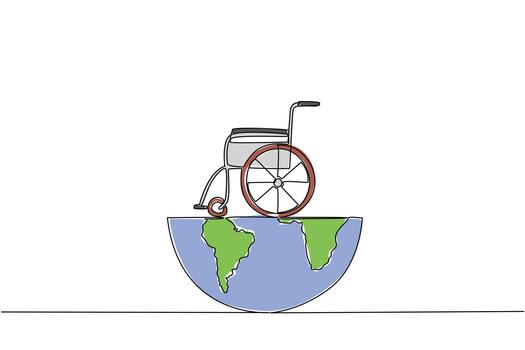 Continuous one line drawing wheelchair which has half a globe underneath. The world supports equality. Convenience. Global Accessibility Awareness Day. Single line draw design illustration vector