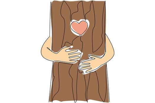 Single one line drawing hands hugging a tree trunk and on the tree trunk there is a picture of love. Keeping it green. Natural. National Love a Tree Day. Continuous line design graphic illustration vector
