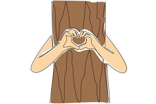 Single continuous line drawing hands hugging a tree trunk while both hands form a love gesture. Symbol for environmental lovers. Care. National Love a Tree Day. One line design illustration vector