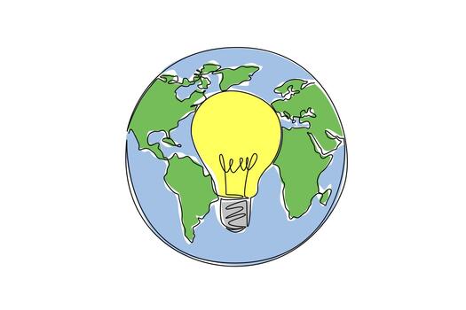 Single continuous line drawing light bulb in the center of the globe. The energy used does not have a negative effect on the earth. International Day of Light. One line design illustration vector
