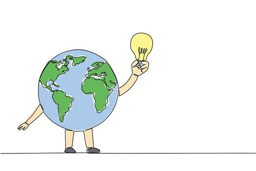 Single one line drawing globe character holding a light bulb. Unique and funny character. Energy dependency. Brighten the earth. International Day of Light. Continuous line design graphic illustration vector